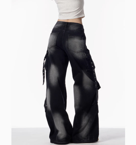 Women's Black And Gray Distressed Wide-leg Pants
