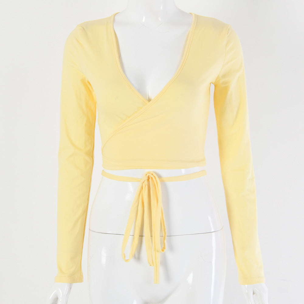 Navel-cut Low-cut Lace-up Long-sleeved Solid Color Top