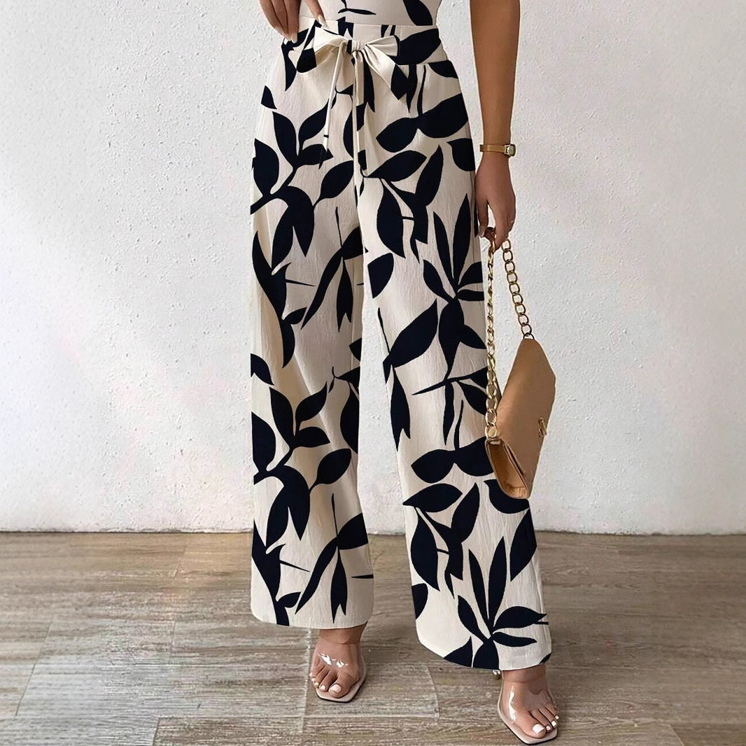 Fashion Floral Print Jumpsuit Elastic Waist Belt Jumpsuit