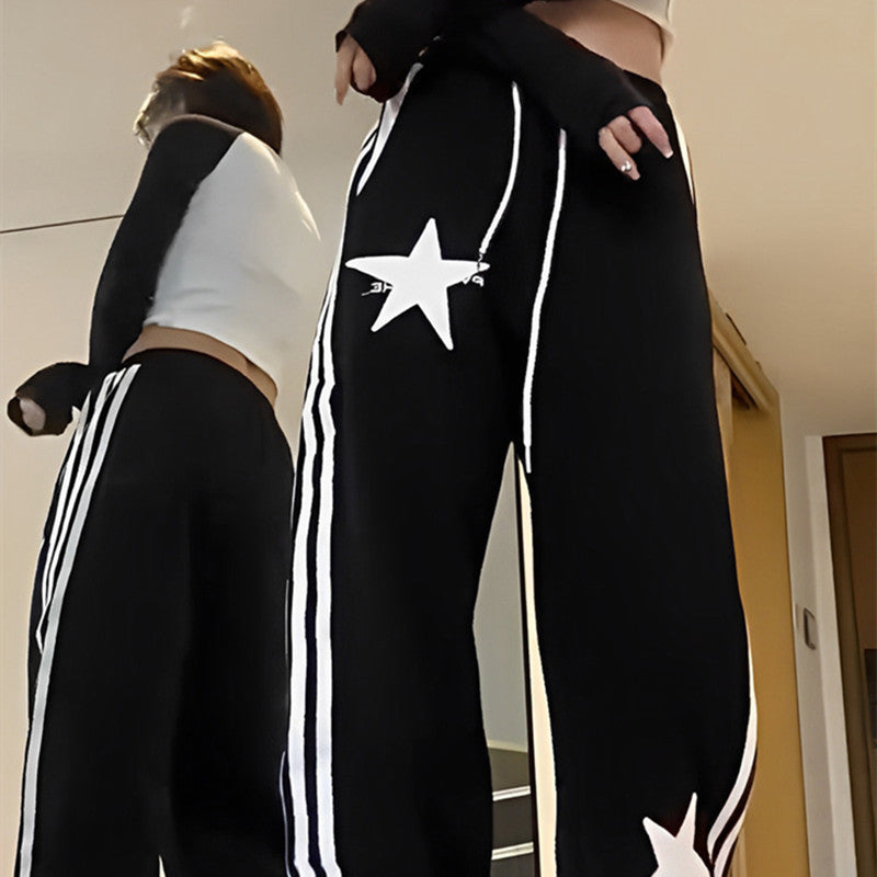 Vintage Star Embroidered Wide Leg Pants For Women Striped