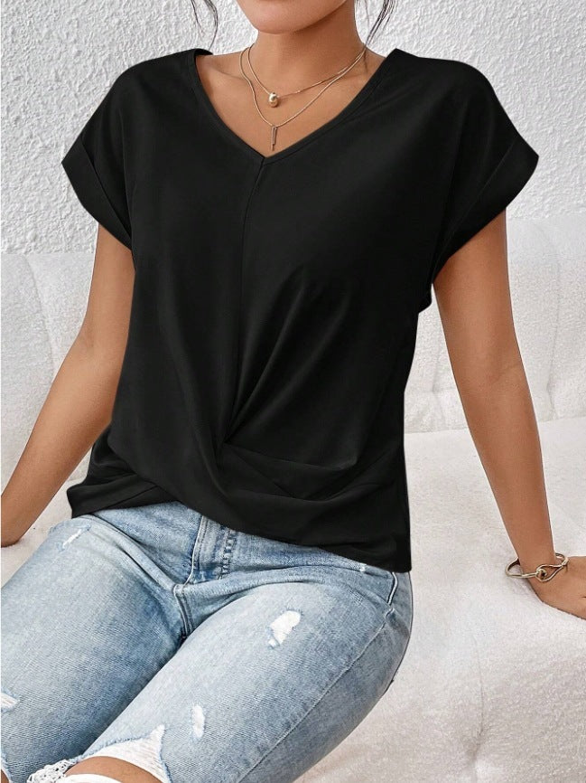 Fashion V-neck Short-sleeve T-shirt Summer Casual Irregular Knot Top For Women Clothing
