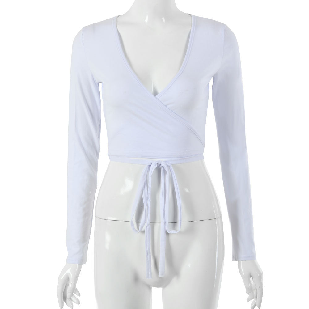 Navel-cut Low-cut Lace-up Long-sleeved Solid Color Top