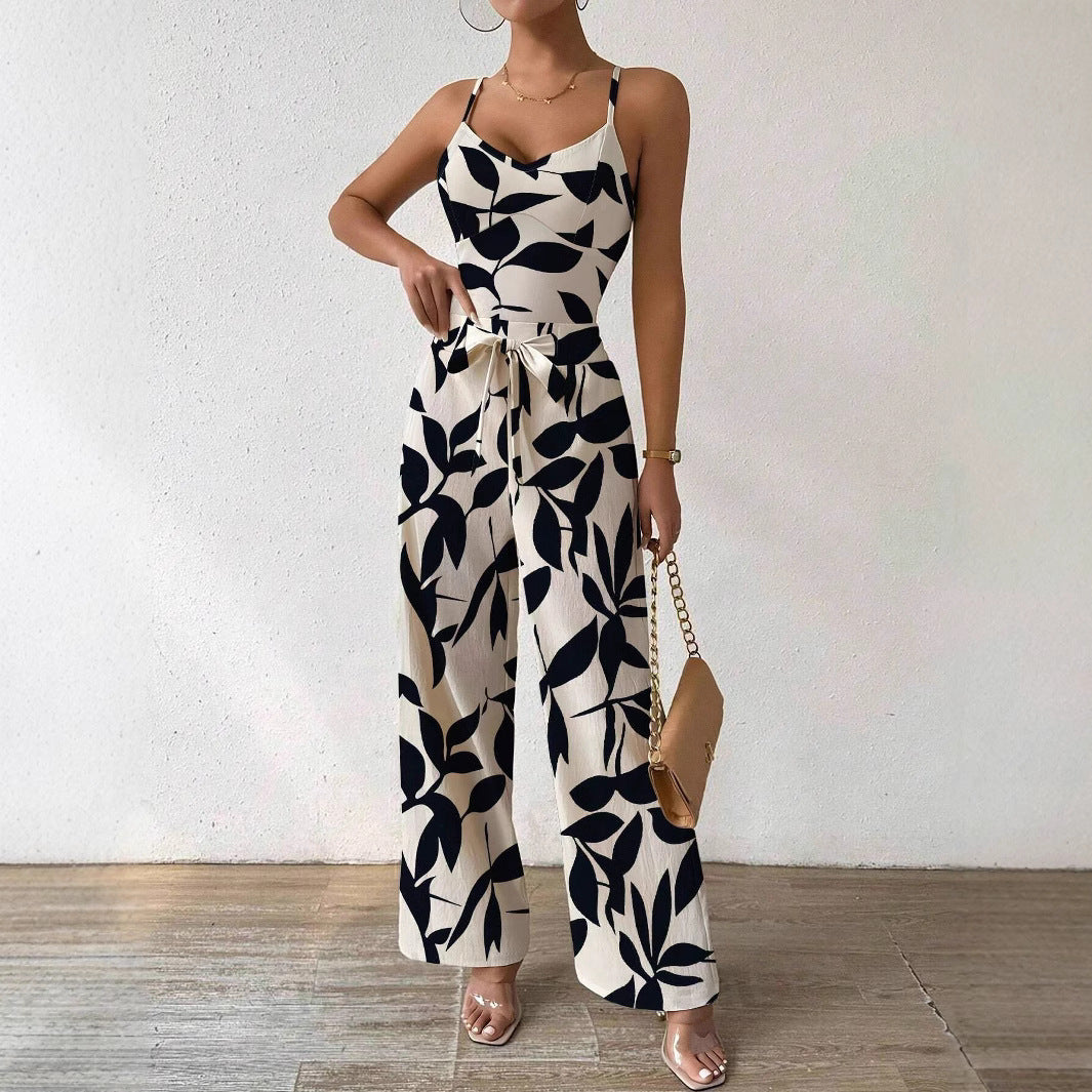 Fashion Floral Print Jumpsuit Elastic Waist Belt Jumpsuit