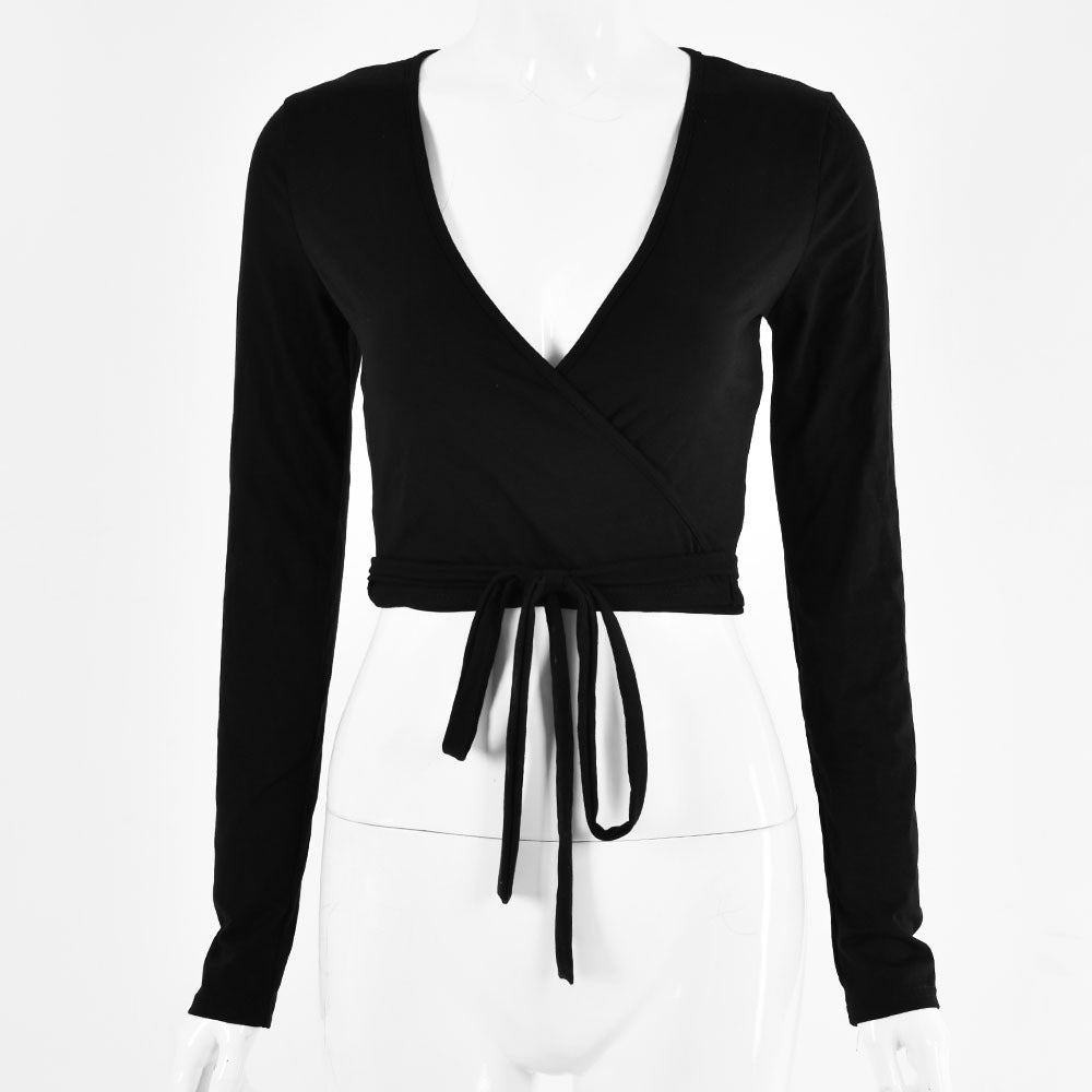 Navel-cut Low-cut Lace-up Long-sleeved Solid Color Top