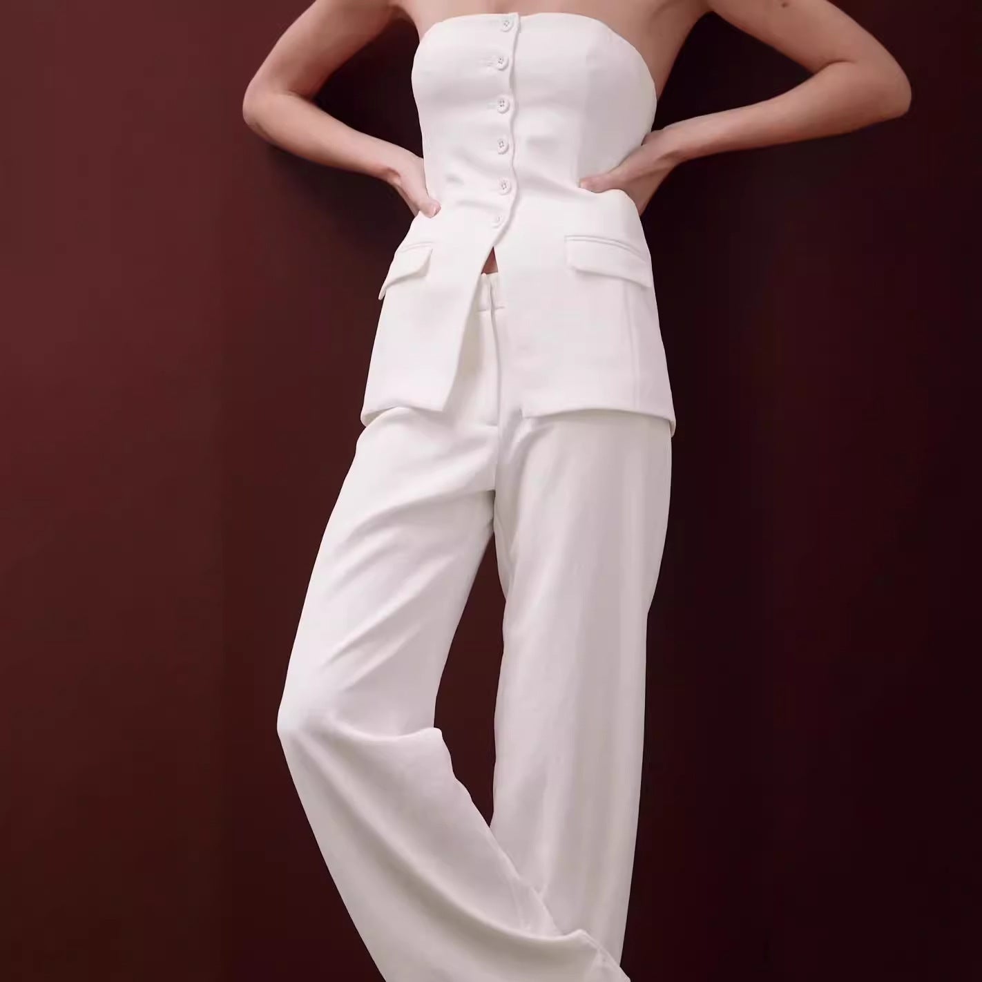 Strapless Tube Top & Tailored Pants Suit Set – Chic Minimalist 2-Piece Outfit