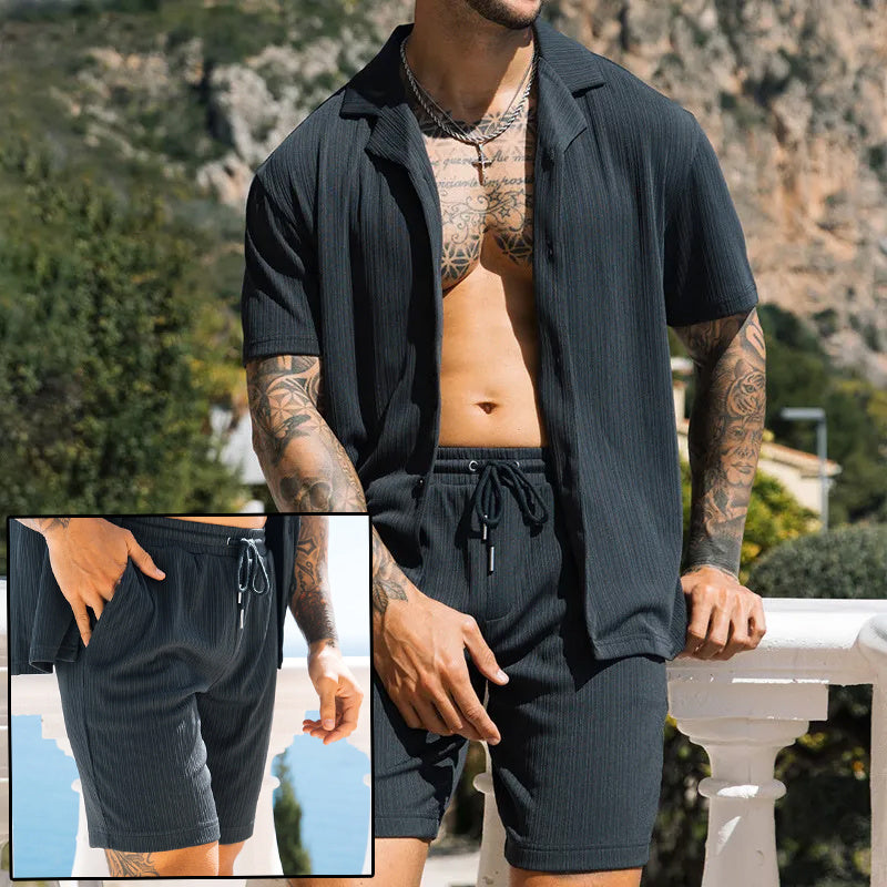 Men’s Summer Two-Piece Set – Button Shirt & Shorts Streetwear Fit