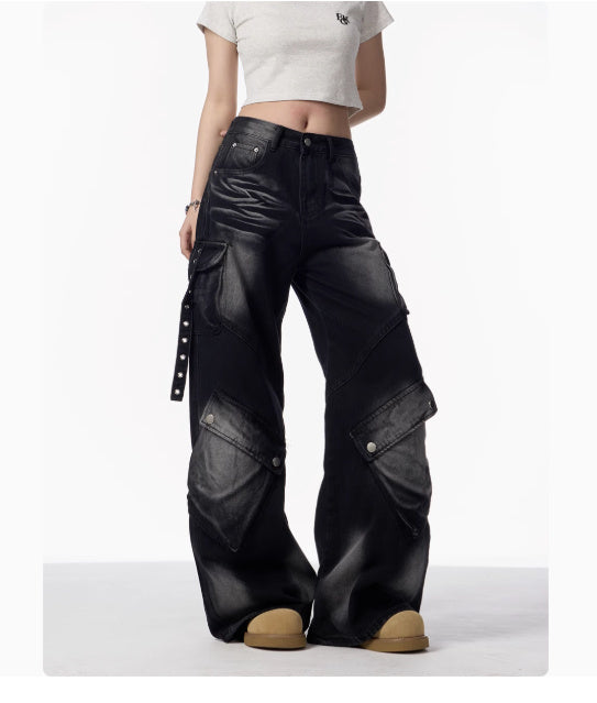 Women's Black And Gray Distressed Wide-leg Pants
