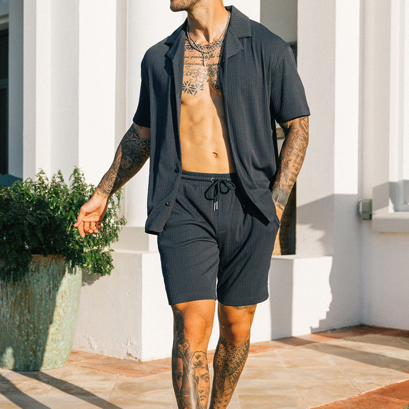 Men’s Summer Two-Piece Set – Button Shirt & Shorts Streetwear Fit
