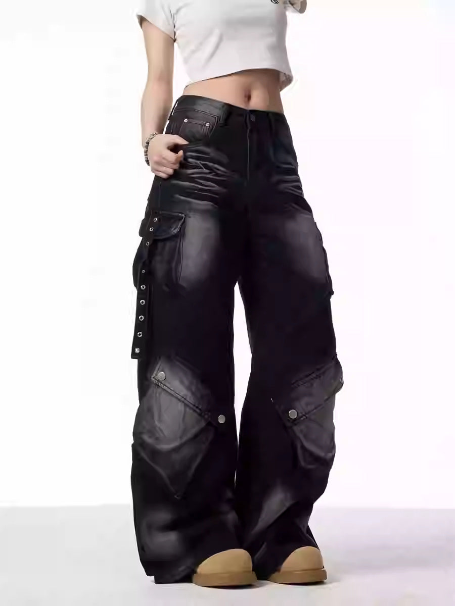 Women's Black And Gray Distressed Wide-leg Pants