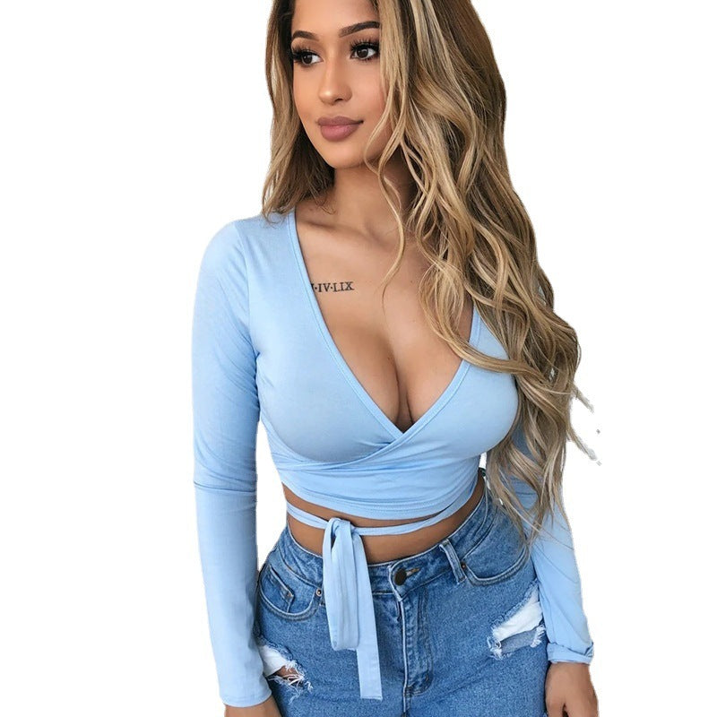 Navel-cut Low-cut Lace-up Long-sleeved Solid Color Top