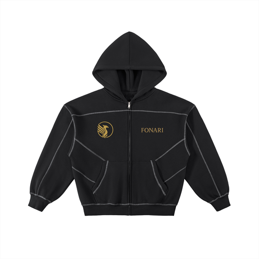 Contrast-Stitched Boxy Fleece Zip Hoodie