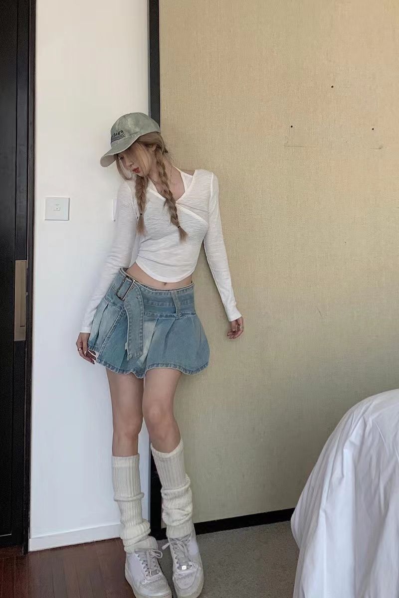 High Waist Slimming Denim Pleated Skirt